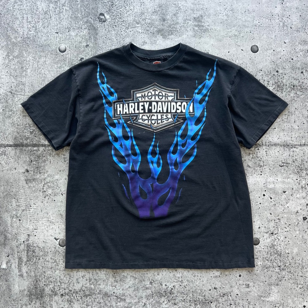 Vintage Harley Davidson T-Shirt Men XL Black Blue Flames Toronto Biker Faded 90s